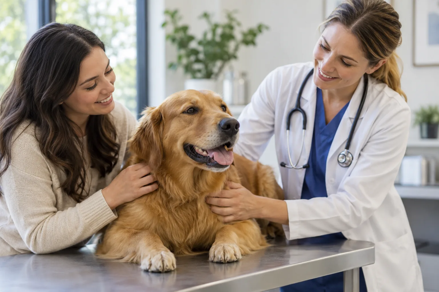 Veterinarian discussing care with a dog and its owner