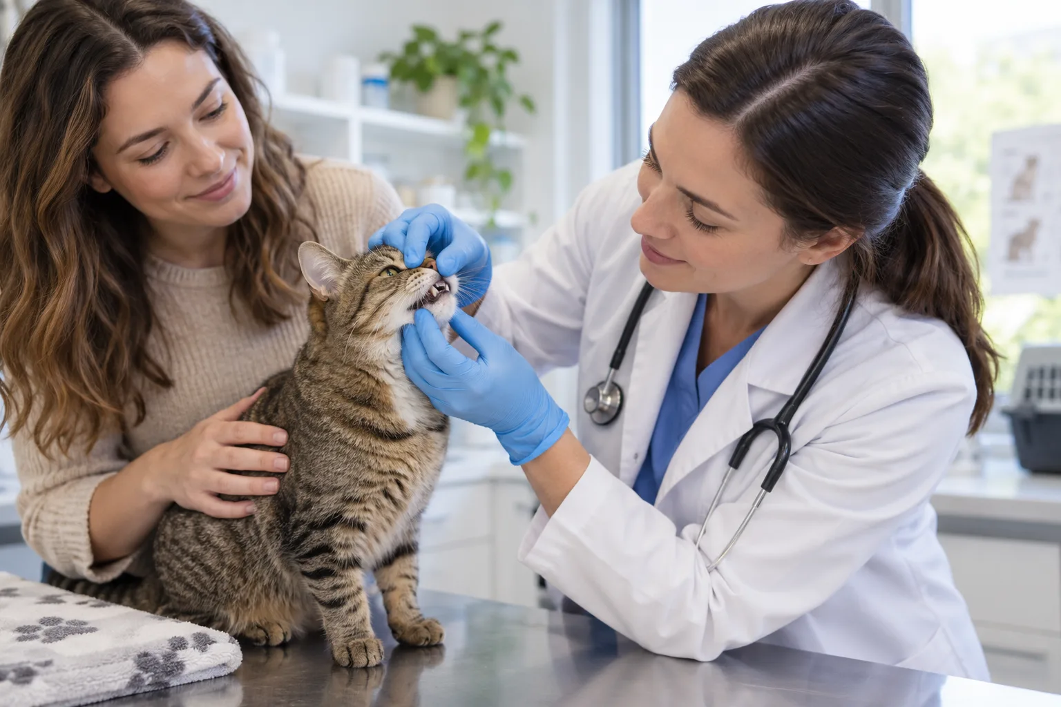 Veterinary professional checking a cat’s mouth with its owner present